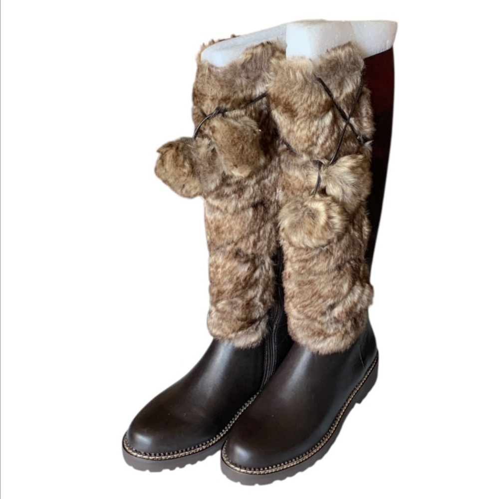 LANDSEND Women’s Lace Up Faux Fur Tall Leather Boots With Pom Poms, Zip Closure